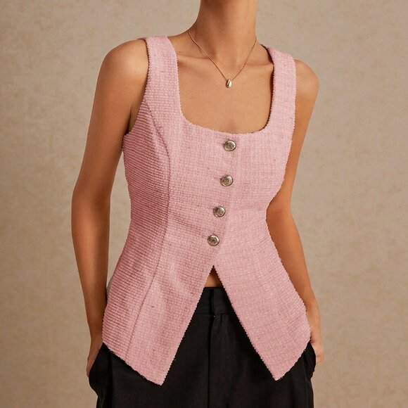 Baby Pink Casual Women's Sleeveless Scooped Back Tweed Top - Picture 6 of 7